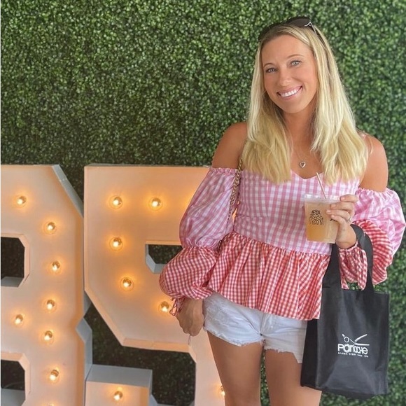 ASOS Tops | ASOS Pink Red Cold Shoulder Long Puffy Sleeves Vneck Peplum Blouse - Picture 2 of 3